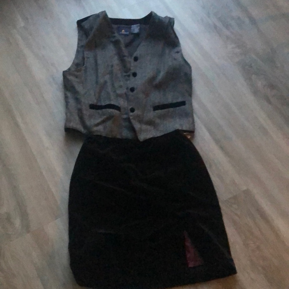 Black Velvet Skirt, Tweed vest with black velvet buttons, back & pocket accents